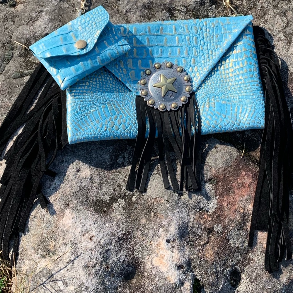 Elegant Blue-Gold crocodile embossed Clutch, with Black suede Fringe